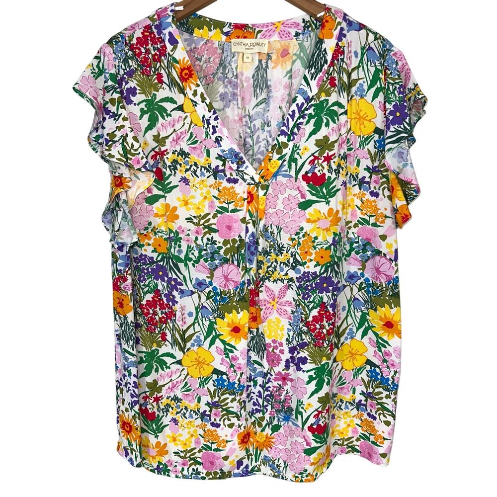 Cynthia Rowley Woman Floral V-Neck Flutter Sleeve Rayon Blouse Top Size 1X